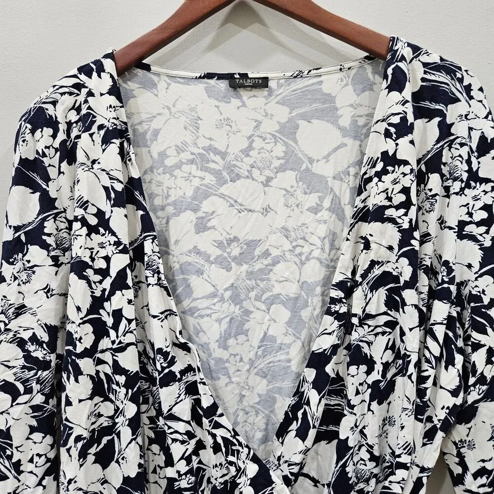 Talbots Womens Dark Floral Faux Wrap Top Black White 1X Whimsigoth Romantic Goth